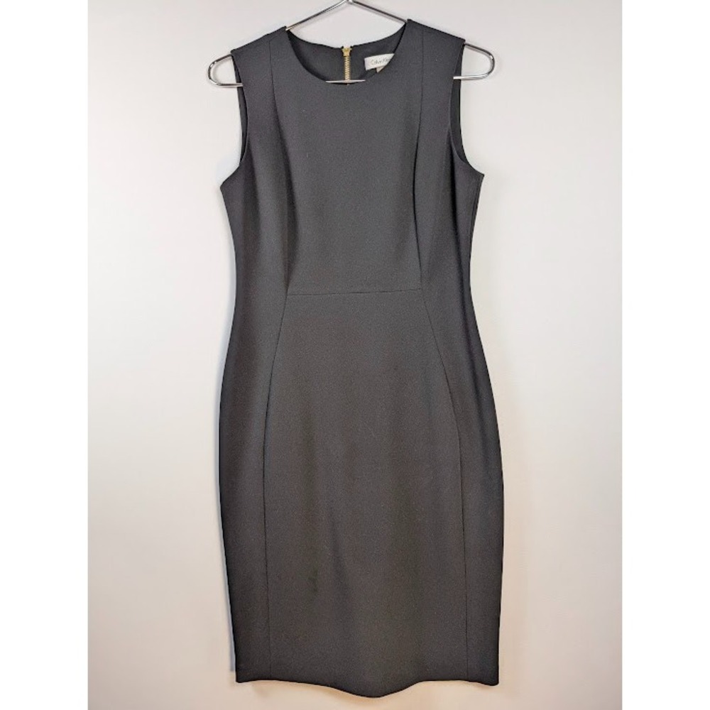 Calvin Klein LBD Black Dress Size 6 With Gold Zipper Sleeveless Classic Bodycon